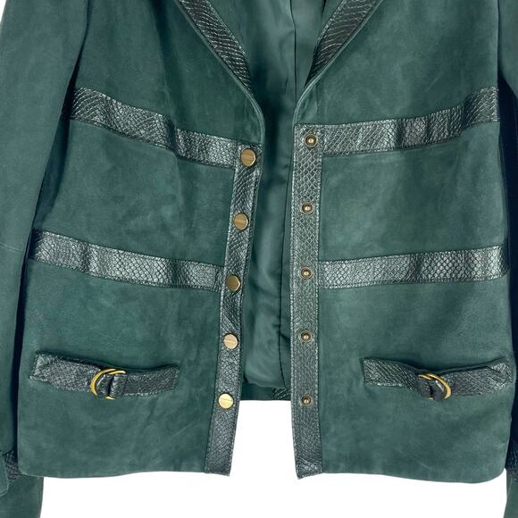 Worth NY Snake Leather Trim Suede Jacket Snap Button Dark Green Size 4 - Picture 7 of 11